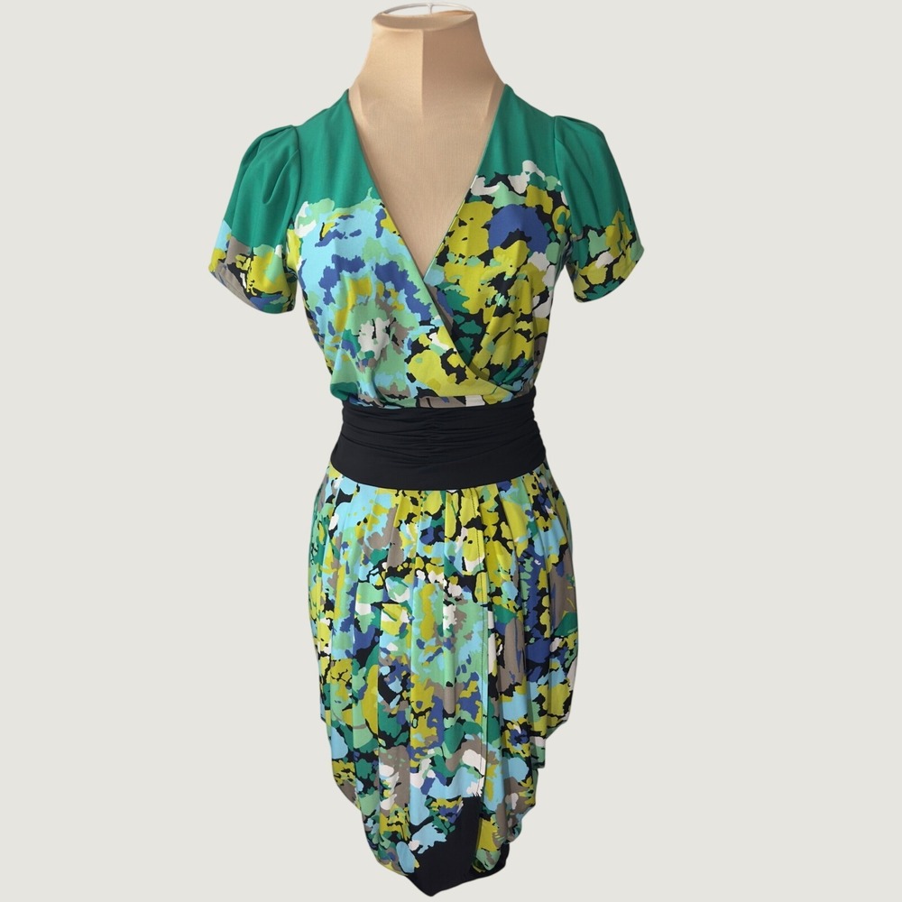 3332 | BCBGMAXAZRIA Botanical Design Tulip Dress Green Multi Womens XXS
